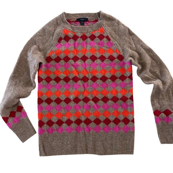 J Crew Sweater Pullover 100% Lambs Wool Brown Multi Diamond Pattern SZXXS - Picture 5 of 12